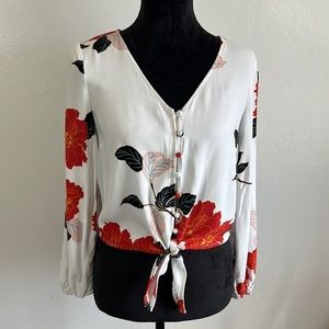 Floral Tie-Front Blouse - White and Red